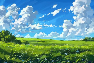 Beautiful landscape painting with green grass, blue sky and fluffy clouds. Concept of nature, scenery, field, landscape, and outdoor.