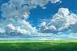 © jokerhitam289 - Stunning landscape of fluffy white clouds in blue sky above lush green meadow. Dreamy, tranquil and peaceful scenery perfect for nature background,  wallpaper or desktop.