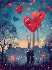 Aufkleber - A loving couple stands amidst a romantic cityscape with heart-shaped balloons floating overhead. The image is perfect for restaurants and romantic event planners. Generative AI