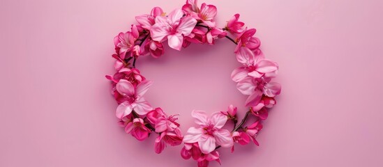 Poster - Pink flower arrangement on pink backdrop. Overhead view of a wreath made of pink flowers, with a plain surface and space for text.