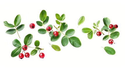 Poster - Wild cowberry foxberry lingonberry with leaves isolated on white background High resolution image : Generative AI
