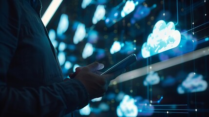 Fototapete - Businessman is using a mobilephone to access the cloud computing system cloud computing big data internet of things business processes various storage systems : Generative AI
