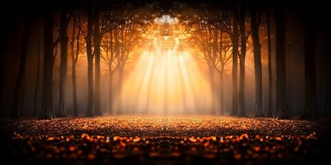 Enchanting autumn forest with sun rays breaking through the tree canopy, creating a warm and magical scene with fallen leaves on the ground.
