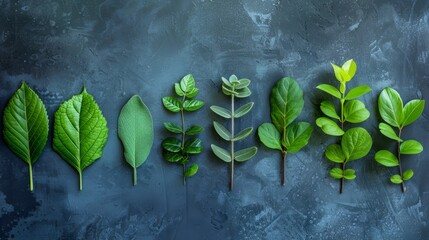 Poster - A flat lay of various green leaves arranged horizontally on a blue surface.