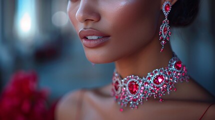 Poster - An elegant advertisement for a new jewelry collection, featuring models wearing the pieces in sophisticated settings, with close-ups of the intricate designs and the sparkle of the gems