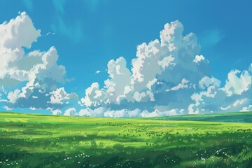 Wall Mural - Green field with blue sky and white clouds, illustration