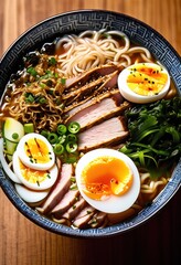 Wall Mural - delicious steaming bowl ramen assorted toppings ready eat, noodles, broth, japanese, savory, hot, flavorful, ingredients, dish, appetizing, delectable, aroma