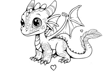 Cartoon baby dragon with a heart, outlined for coloring, on a white background.