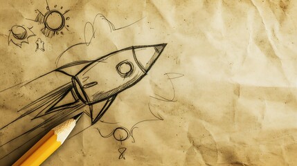 Pencil and rocket sketch over textured paper concept of back to school creativity and success : Generative AI