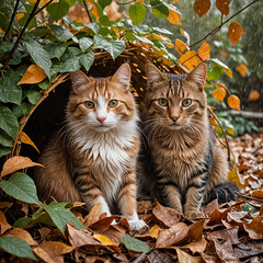 A pair of cats sharing a cozy moment under a makeshift shelter made of leaves and branches, rain pattering softly around them