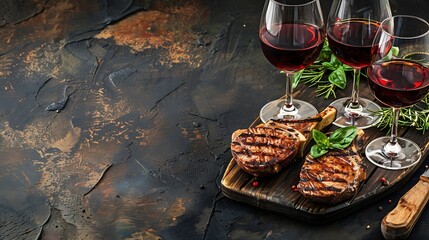 Wall Mural - Red wine and grilled meat Restaurant menu dieting cookbook recipe top view : Generative AI