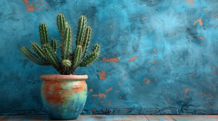 Poster - A green cactus plant in a terracotta pot stands against a blue textured wall with subtle orange accents.