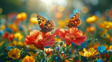 Sticker - Beautiful Butterflies on Colorful Flowers