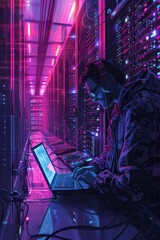 Wall Mural - Computer engineer working on a laptop in a hightech server room, dark background with neon lights , white background, colorful animation stills, line drawings, modular construction