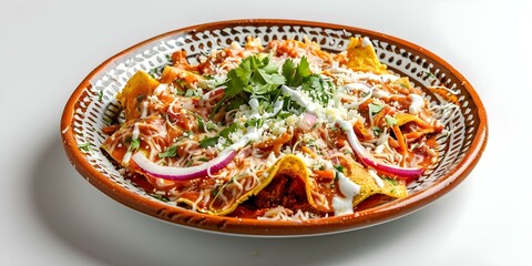 Wall Mural - Chilaquiles on an ornate round plate isolated on a white background a traditional Mexican dish. Concept Mexican Cuisine, Traditional Dish, Food Photography, Culinary Art, Mexican Heritage