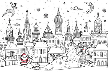 Cartoon Christmas cityscape with Santa Claus and reindeer, outlined for coloring, on a white background.