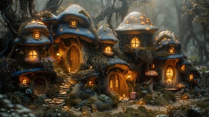 Aufkleber - A cluster of enchanting homes nestled amongst the trees, fashioned from giant mushrooms with glowing windows.