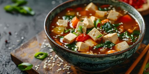 Poster - Indulge in a Nourishing Tofu and Vegetable Dish with Flavorful Broth. Concept Vegetarian Cuisine, Tofu Delight, Nutritious Meal, Comfort Food, Flavorful Broth