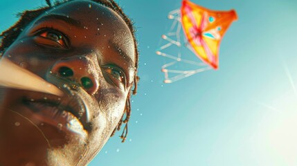 The close up picture of the person is playing the kite under the bright light from the sun of the clear blue sky that can be conveying the feeling of the happiness, freedom, playful and joyful. AIG43.