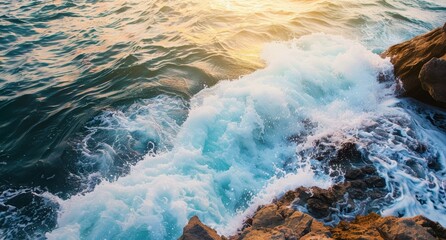 Sticker - Crashing ocean waves against rocky coastline at sunset