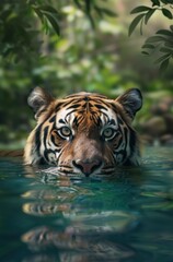 Canvas Print - tiger swimming in lush forest pool