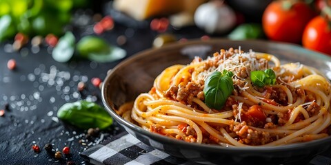 Canvas Print - Traditional Italian spaghetti bolognese on a checkered tablecloth. Concept Italian Cuisine, Spaghetti Bolognese, Food Photography, Checkered Tablecloth, Traditional Dish
