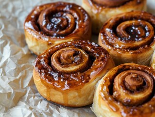 Wall Mural - Freshly baked cinnamon rolls with gooey caramel topping