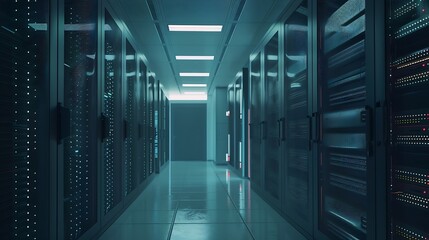 Poster - Inside Large Data Center Advanced Cloud Computing Concept Corridor with Server Racks and Cabinets full of Hard Drives : Generative AI