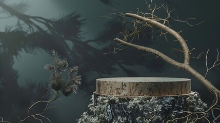 Aufkleber - Abstract north nature scene with a composition of lichen pine branches and dry snags Place your product on a cork podium Copy space : Generative AI