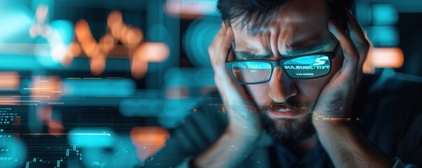 Stressed man working on complex data analysis on multiple screens. Reflections on glasses highlight the intense digital environment.