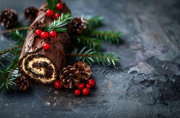 Poster - Festive Christmas chocolate cake roll with pine branches and berries