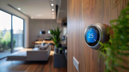 Poster - A sleek and modern commercial for a new smart home thermostat, demonstrating its ease of use and energy-saving features in different rooms and weather conditions