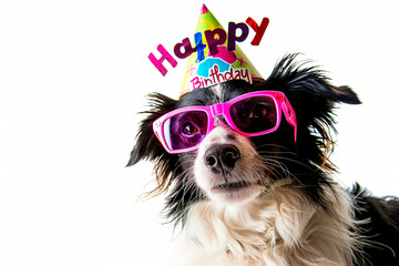 Wall Mural - Close-up of a dog wearing birthday hat and sunglasses with copy space on white background