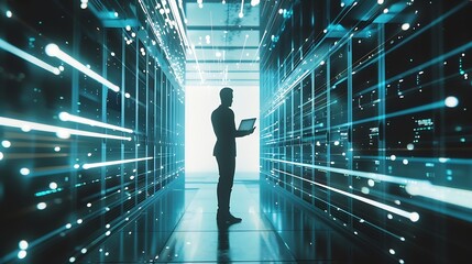 Wall Mural - Futuristic Concept Data Center Chief Technology Officer Holding Laptop Standing In Warehouse Information Digitalization Lines Streaming Through Servers SAAS Cloud Computing Online Serv : Generative AI