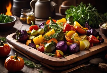 Wall Mural - rustic roasted vegetables herbs homely kitchen setting, food, cooking, meal, delicious, organic, natural, healthy, ingredients, culinary, homemade