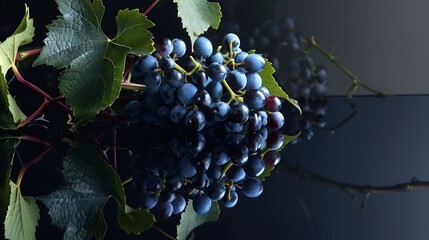 Poster - Blue grapes and vine branches on a black reflective background Copy space : Generative AI