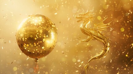 Poster - Gold balloons 2024 with confetti gold mirrored balloon party stars gifts and dragon on a light beige background Happy New Year 2024 creative Golden Dragons : Generative AI