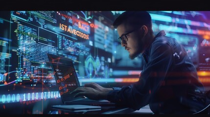 Aufkleber - Digital technology concept Man programmer working on laptop for big data management computer code on futuristic virtual interface screen data mining digital software development data s : Generative AI