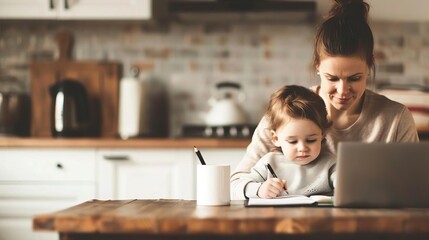 Mother and child engaged in homeschooling activities at a cozy kitchen table, learning together, educational materials, home environment, bonding time