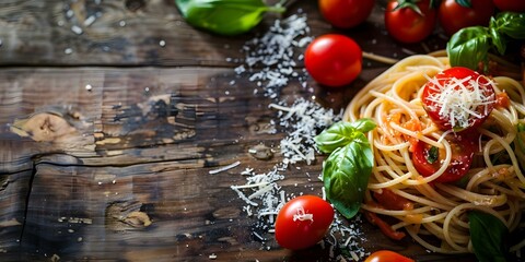 Wall Mural - Italian Spaghetti with Tomato Sauce, Basil, and Parmesan on Wooden Table with Tomatoes. Concept Food Photography, Italian Cuisine, Pasta Recipe, Fresh Ingredients, Comfort Food