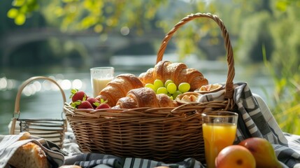 Poster - A rustic wicker picnic basket filled with all the essentials for a delicious riverbank breakfast from flaky croissants to creamy yogurt.