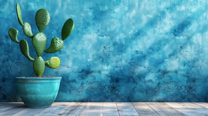 Poster - A green cactus plant in a teal pot sits on a wooden floor against a textured blue wall.