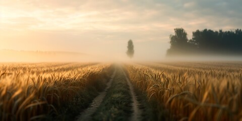 Serene sunrise over misty wheat field with a dirt path leading into the horizon, surrounded by dense forest trees.