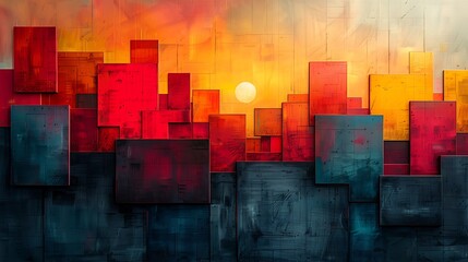 Wall Mural - A 16:9 modern art mural of an abstract cityscape, simplified shapes representing a bustling city.