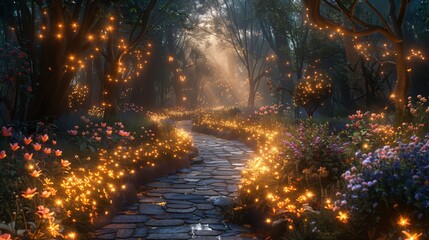 Aufkleber - A winding stone path leads through a magical garden, illuminated by glowing flowers and fairy lights.