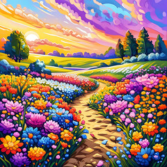 Canvas Print - illustration of a vibrant field painting with colorful flowers and plants