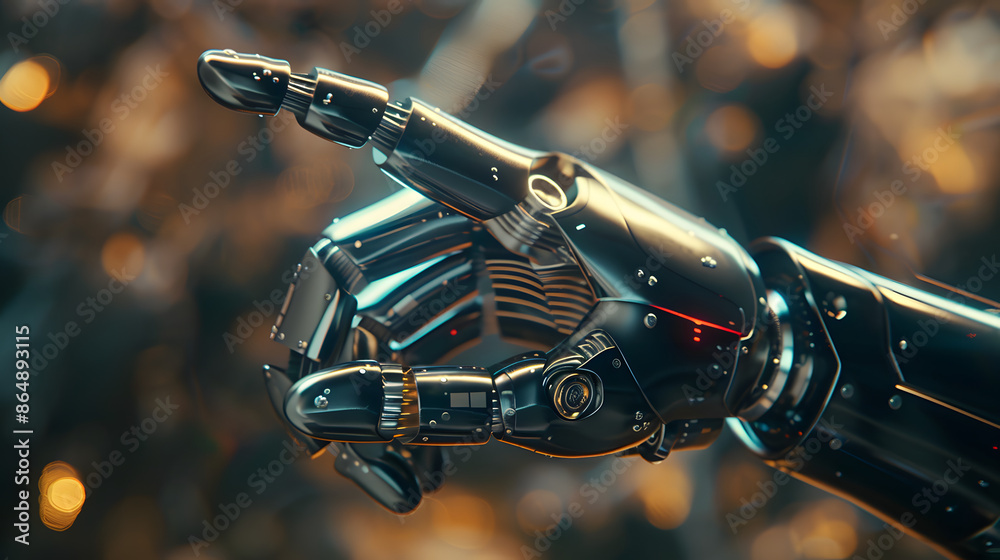 A 3D rendering of a cyborg's robotic hand, featuring sleek metal and ...