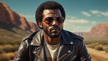 A man wearing sunglasses and a leather jacket is standing in a desert