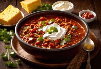 Wall Mural - steaming chili delicious comfort food meal spicy stew baked bread, cornbread, piping, hot, tasty, warm, appetizing, homemade, hearty, flavorful, dish, traditional