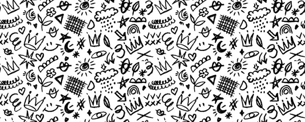 vector seamless pattern with charcoal graffiti doodle and girly shapes hand drawn abstract scribbles